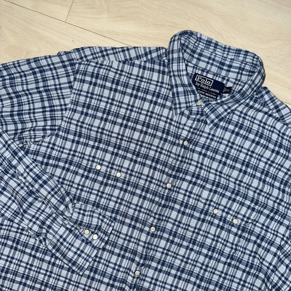 Polo Ralph Lauren Western Pearl Snap Shirt Mens XL Blue Plaid Linen Cotton Blend